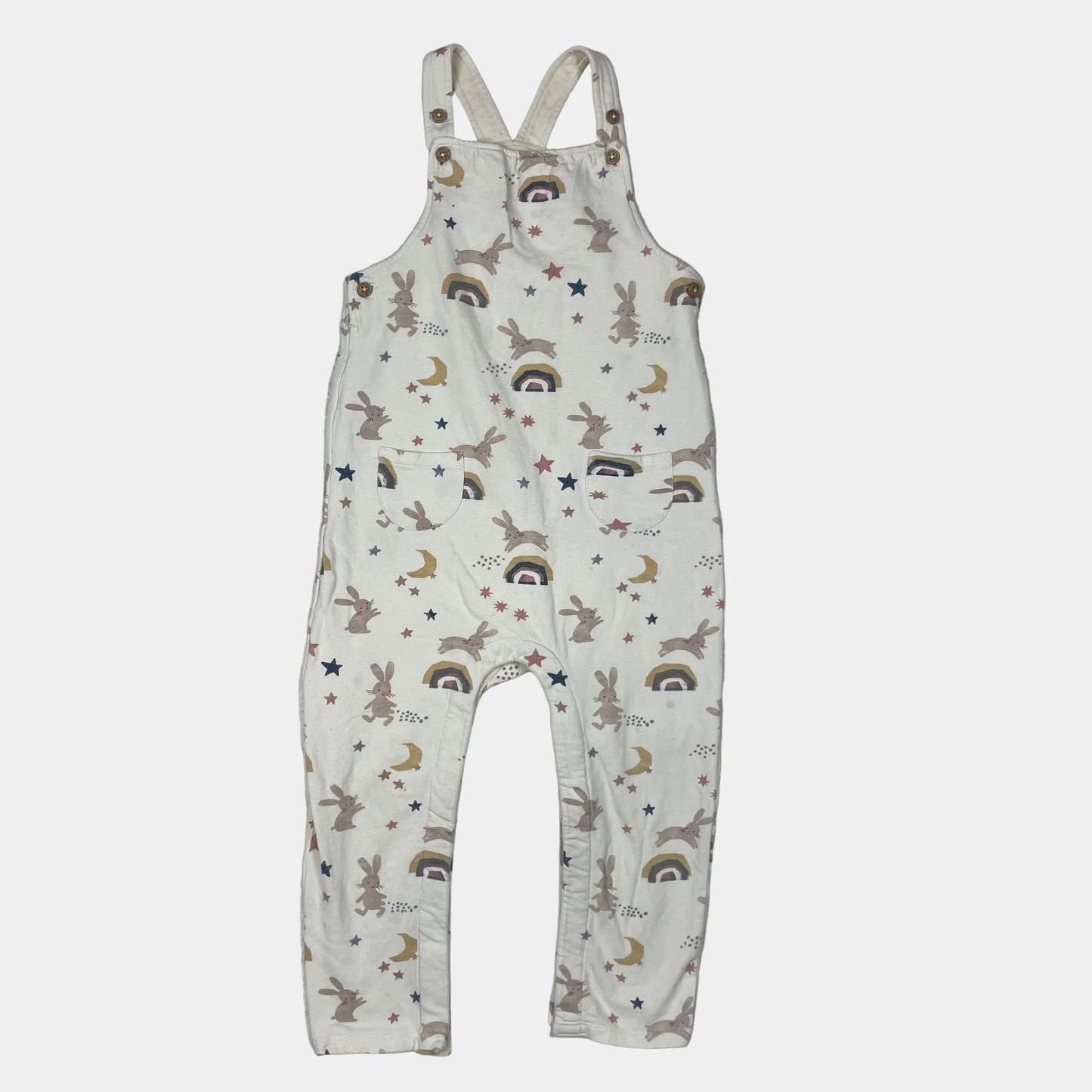 Beiger Overall aus Baumwolle mit Hasen- und Regenbogenmuster für Kinder – front