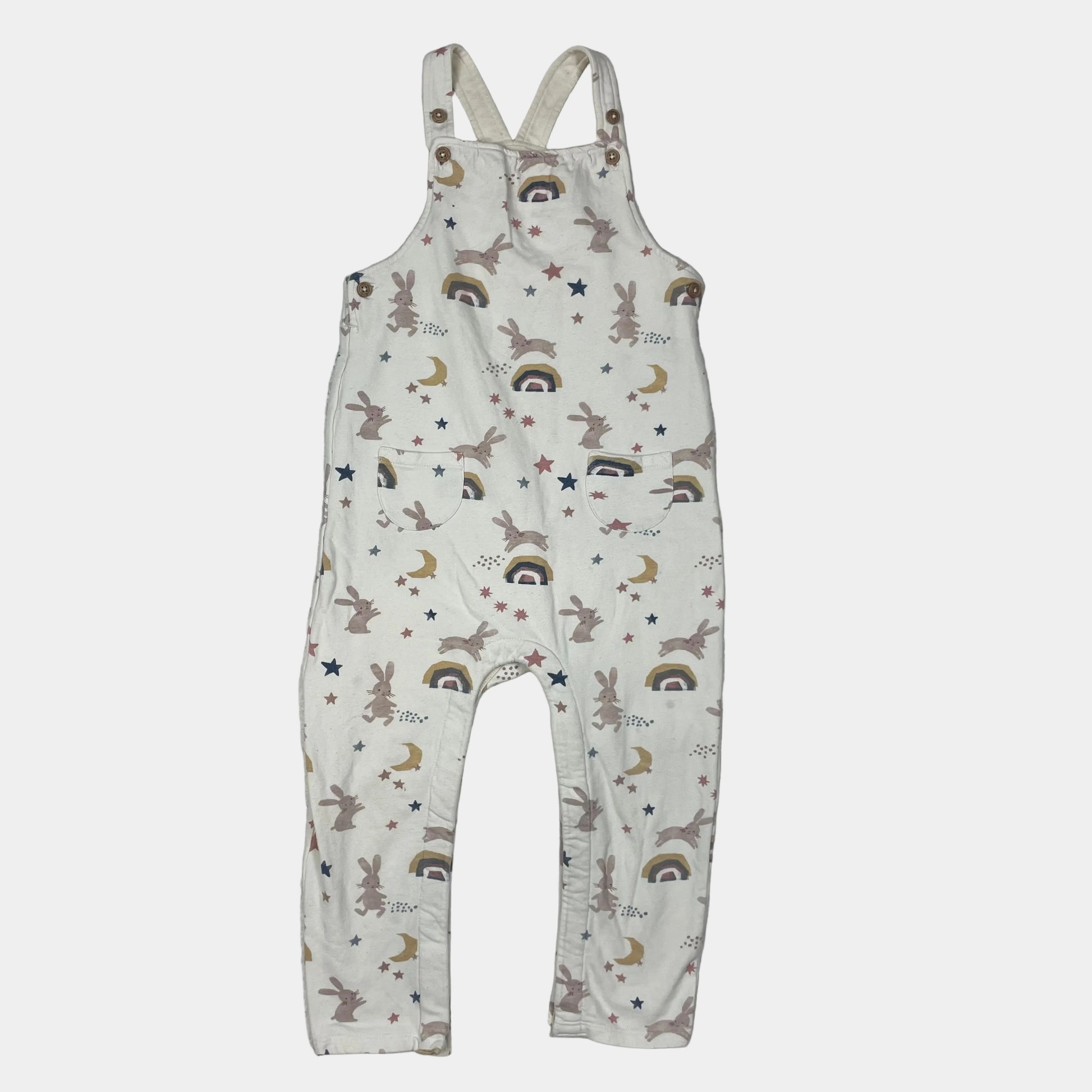 Beiger Overall aus Baumwolle mit Hasen- und Regenbogenmuster für Kinder – front