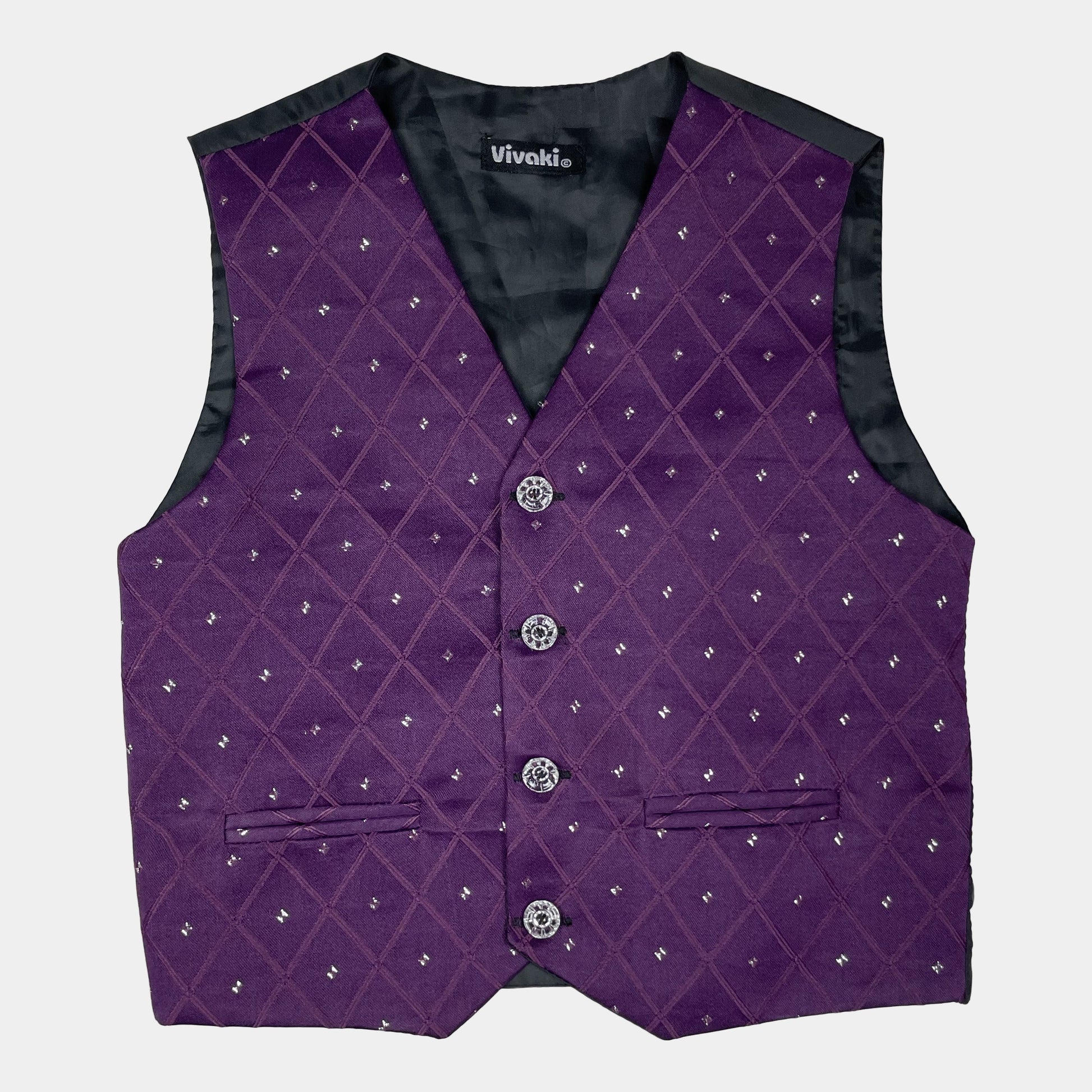 Lila Weste aus Polyester mit rhomboidem Muster und dekorativen Knöpfen – front