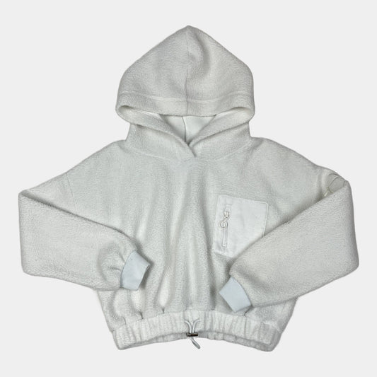 Weißer Fleece-Hoodie mit Kapuze und Kordelzug am Saum – front