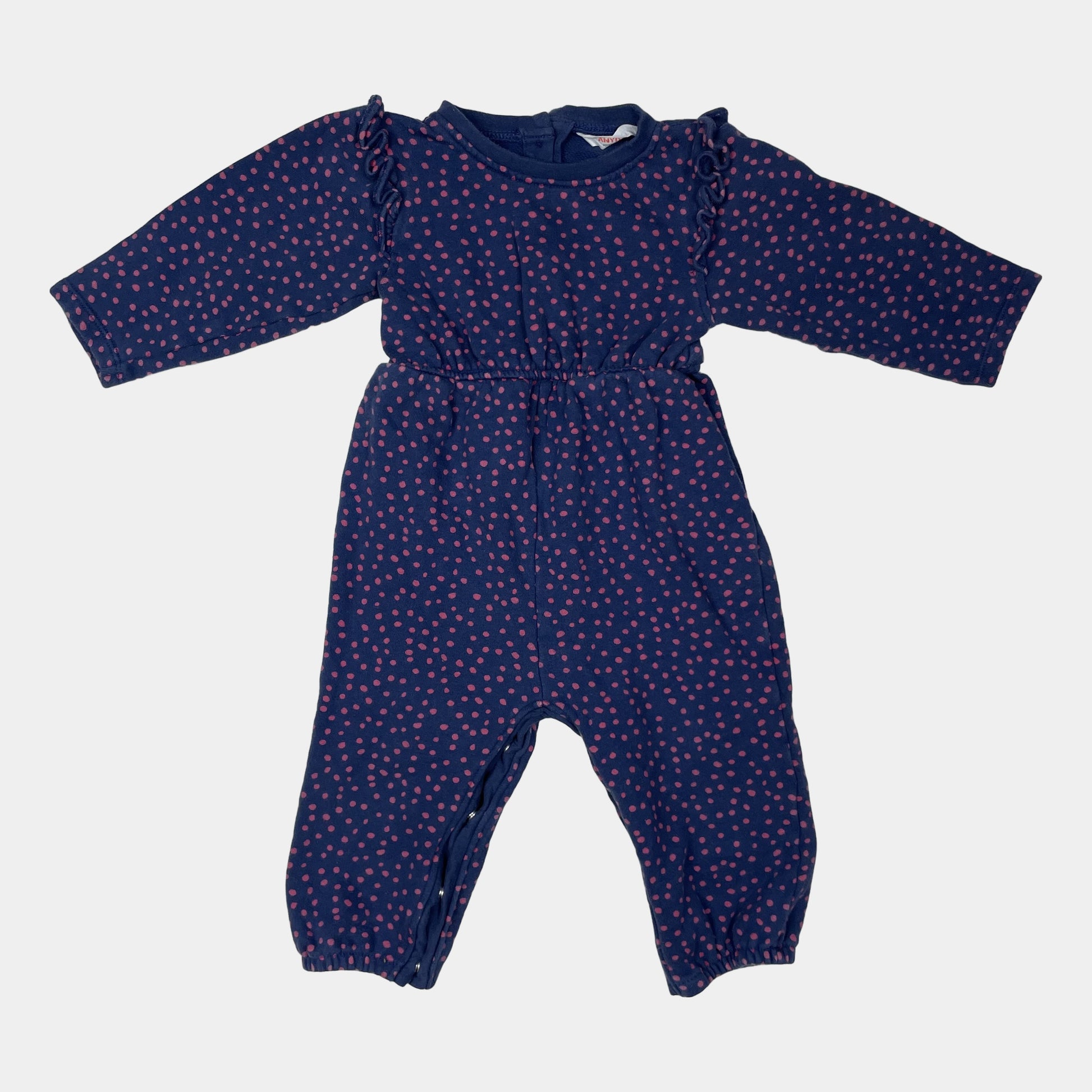 Blauer Overall mit rosa Punkten und Rüschen für Babys – front