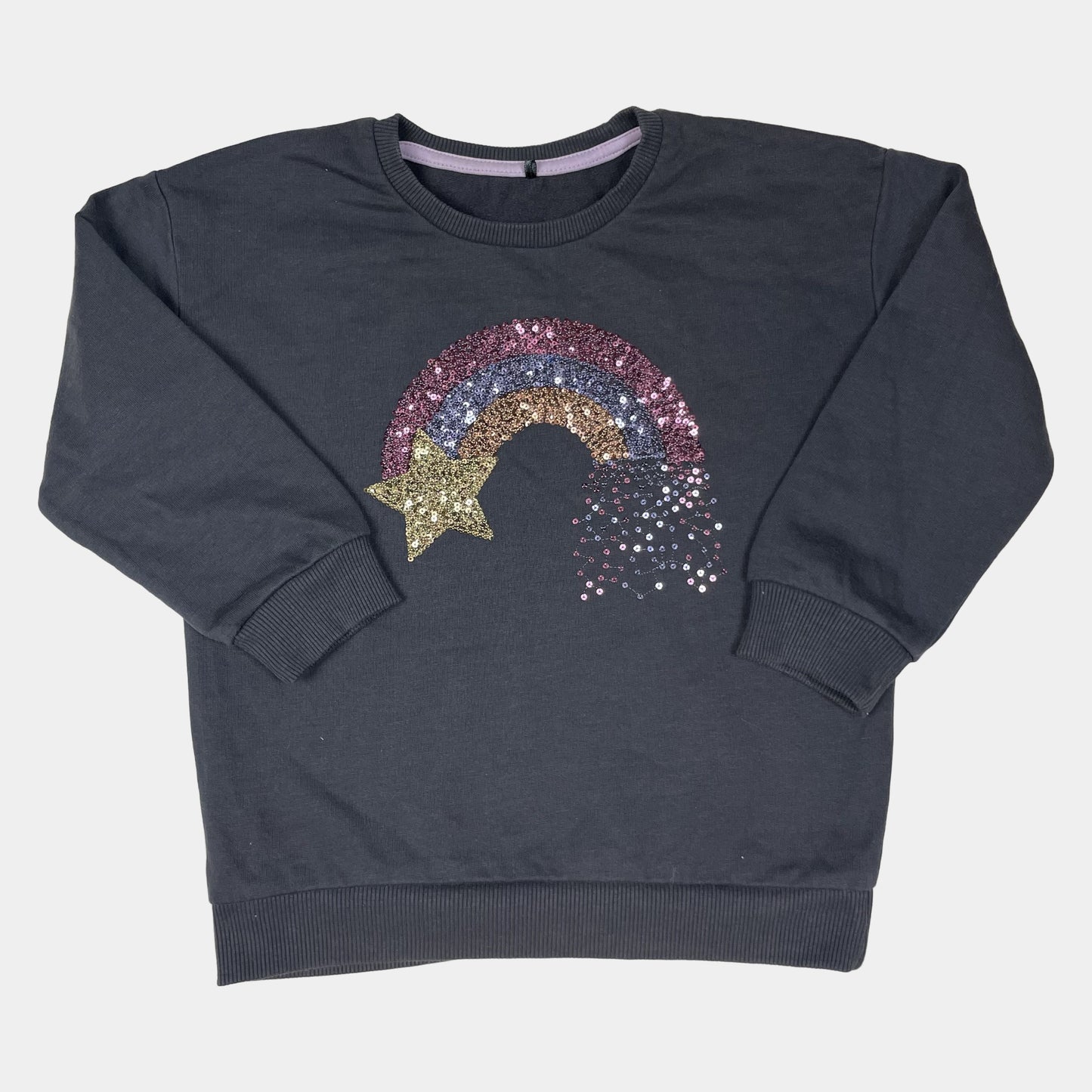 Dunkles Sweatshirt mit Pailletten-Regenbogen und Sternmotiv für Kinder – front