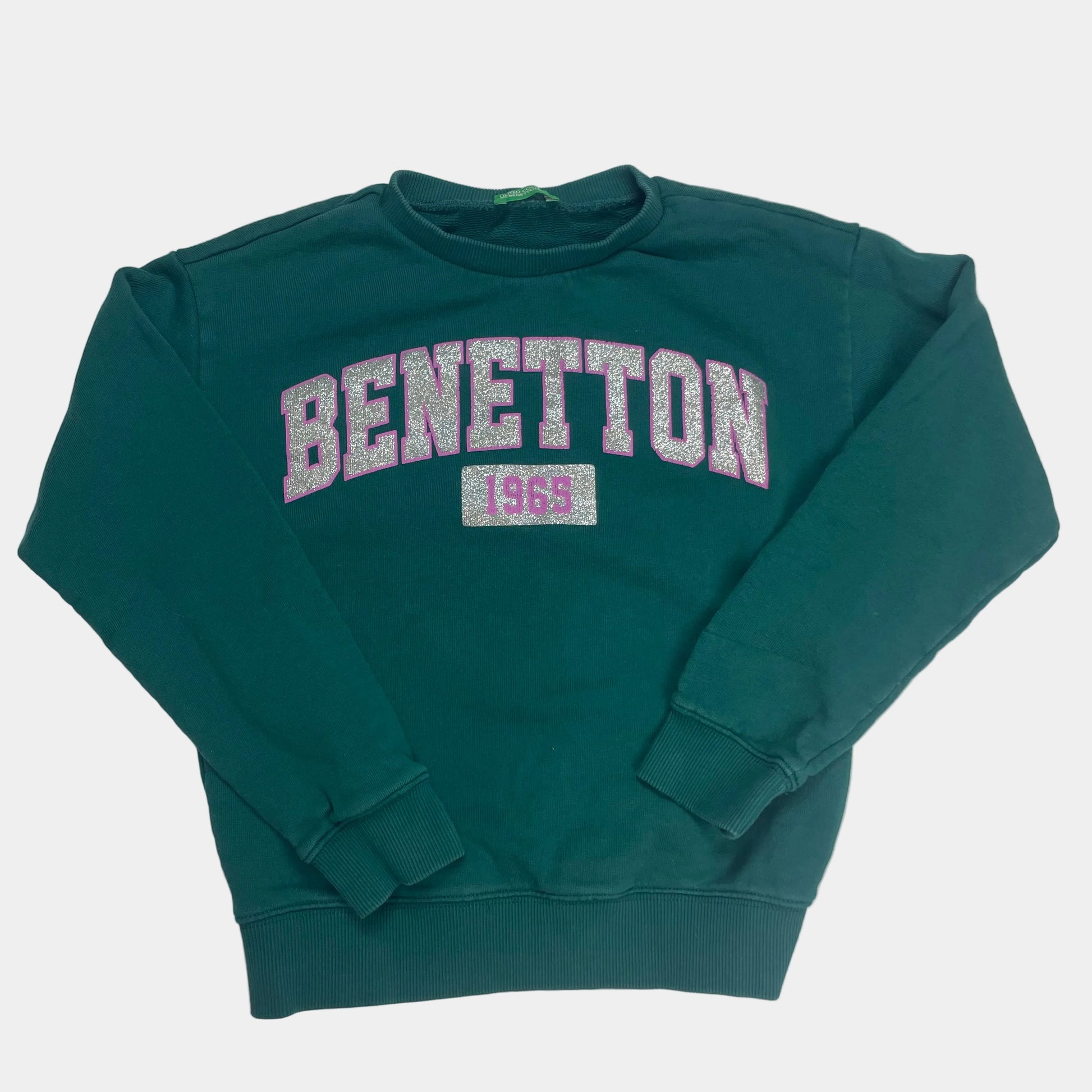 Grünes Baumwoll-Sweatshirt mit glitzerndem Schriftzug von Benetton für Kinder – front