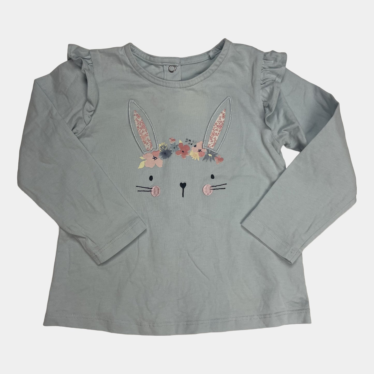 Blaues Langarmshirt mit Hasen-Design und floralen Details – front