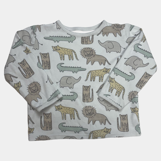 Weißes Langarmshirt mit Dschungel-Tieren und buntem Druck – front