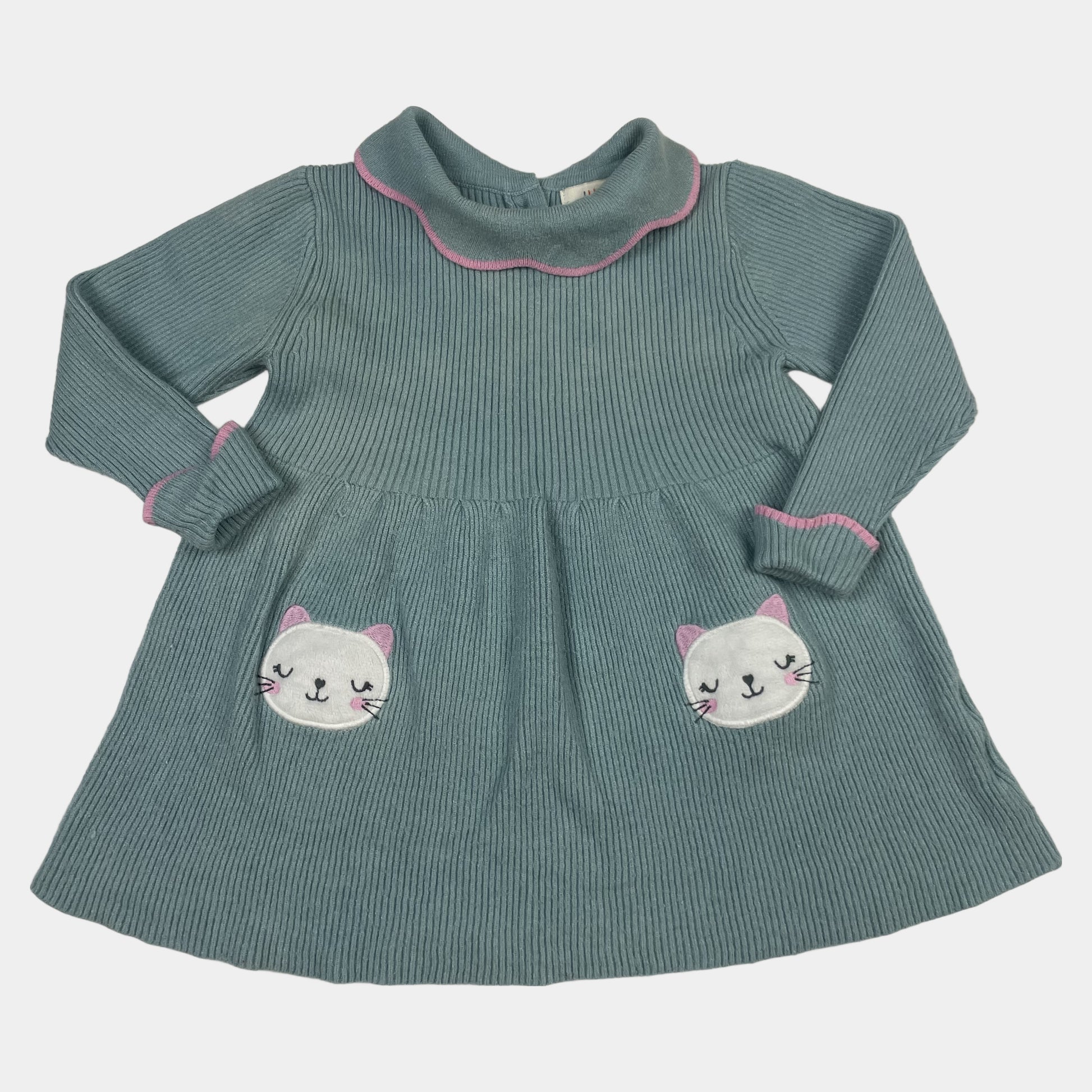 Türkises Kleid mit Katzen-Applikationen und rosa Details – front