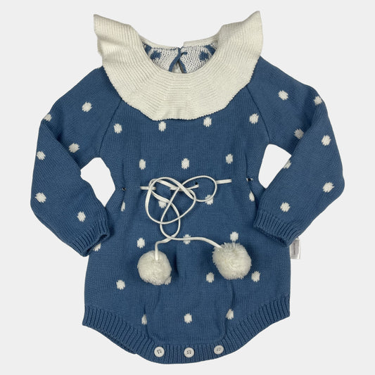 Blauer Baumwolloverall mit Punktmuster und Krempelkragen – front