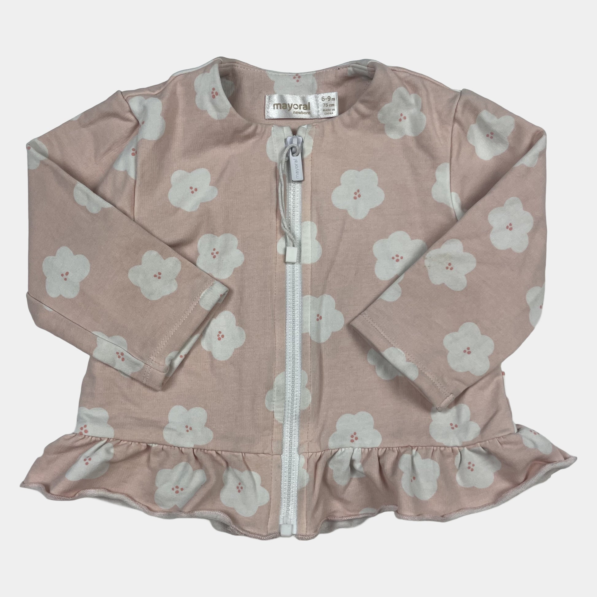 Rosa Blouson aus Baumwolle mit Blumenmuster und Rüschen am Saum für Babys, Größe 6-9 Monate – front