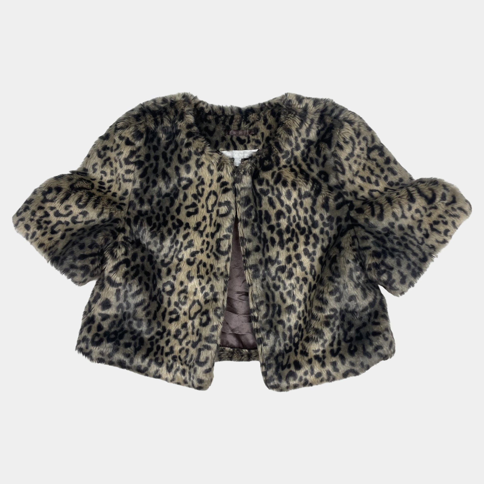 Braune Kunstfelljacke mit Leoparden-Muster und kurzem Schnitt – front