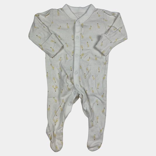 Weißer Baumwoll-Overall mit Giraffenmuster und durchgehender Knopfleiste, Größe 0-3 Monate