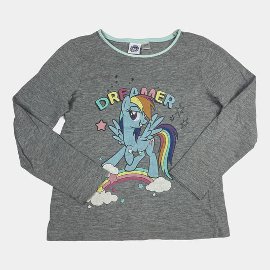 Graues Langarmshirt mit Einhorn-Motiv und dem Schriftzug „Dreamer“ auf der Vorderseite – front