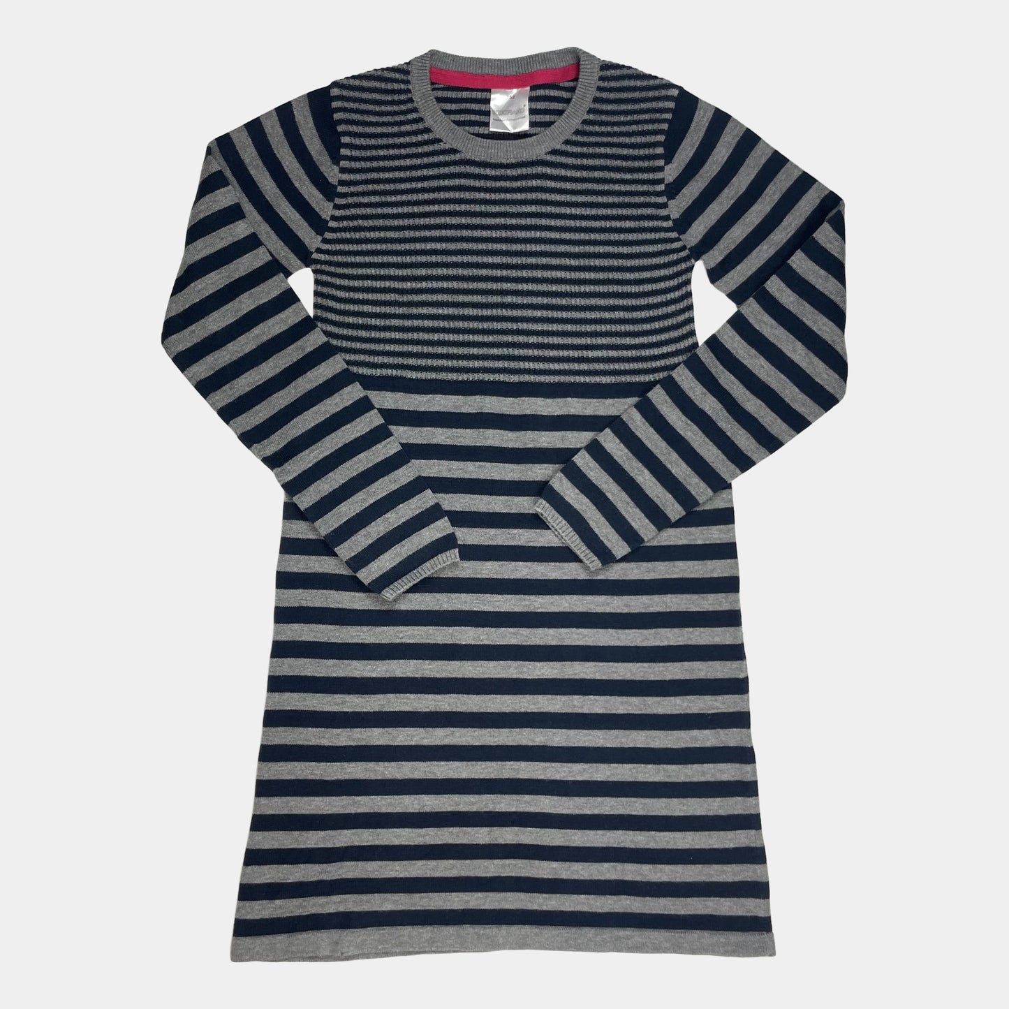 Gestreiftes Strickkleid in Grau und Dunkelblau mit langen Ärmeln, Größe 152 – front