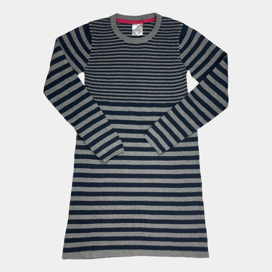 Gestreiftes Strickkleid in Grau und Dunkelblau mit langen Ärmeln, Größe 152 – front