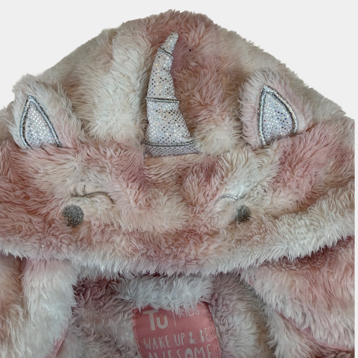 Rosa-weißer Kinder-Bademantel aus Fleece mit Einhorn-Kapuze, Bindegürtel und Taschen – fabric
