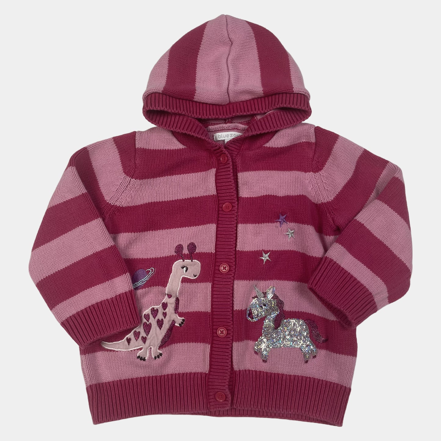 Rosa und pink gestreifte Kapuzen-Strickjacke mit Einhorn- und Dinosauriermuster für Kinder – front