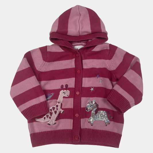 Rosa und pink gestreifte Kapuzen-Strickjacke mit Einhorn- und Dinosauriermuster für Kinder – front