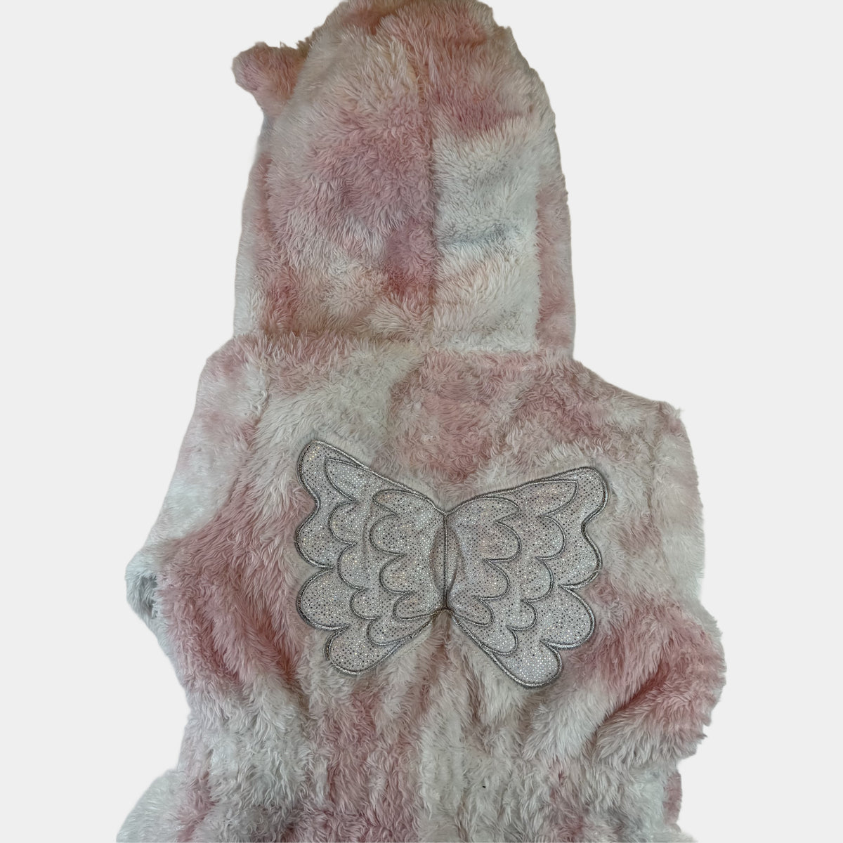 Rosa-weißer Kinder-Bademantel aus Fleece mit Einhorn-Kapuze, Bindegürtel und Taschen – back