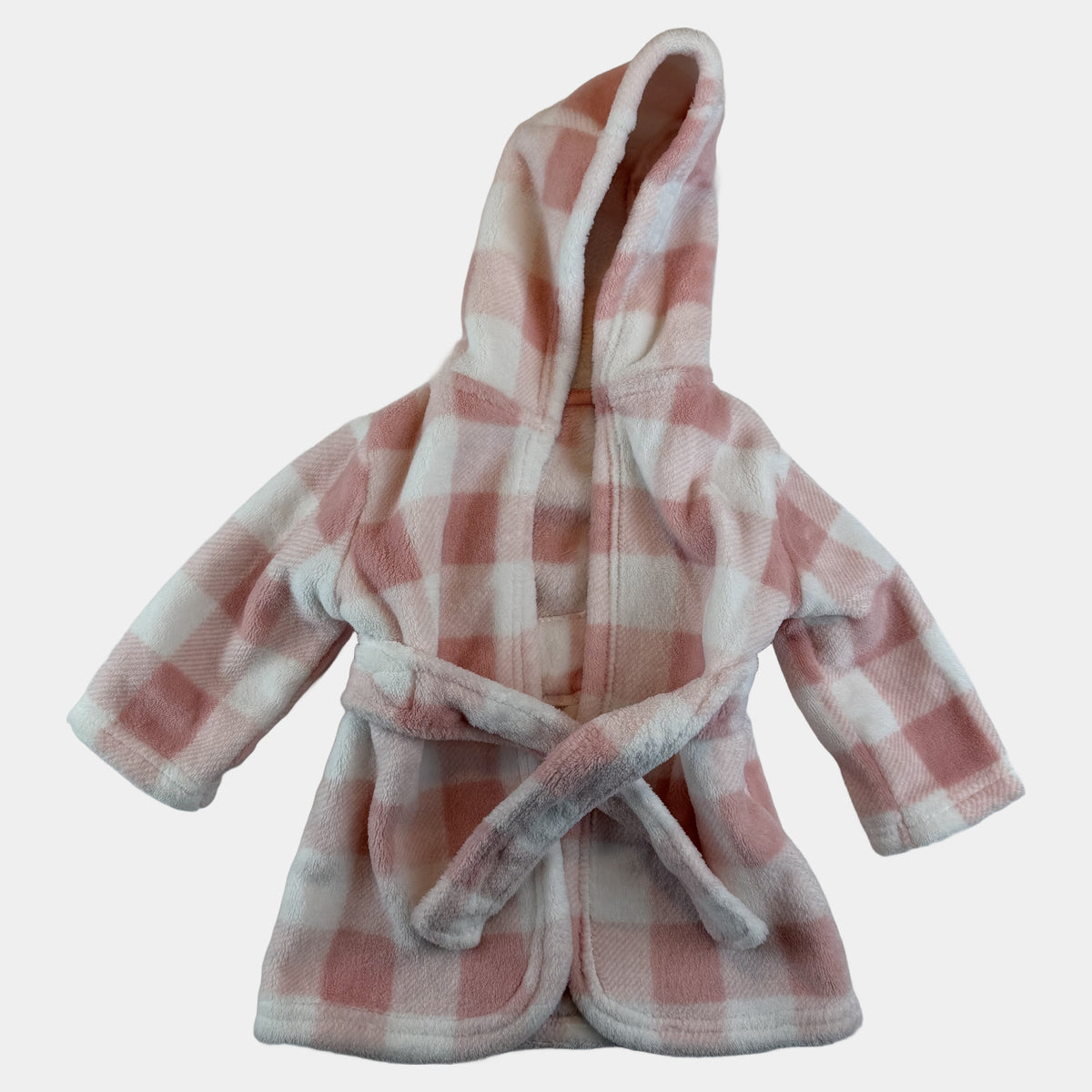 Rosa-weißer Baby-Fleece-Bademantel mit Kapuze und Bindegürtel im Karomuster – front
