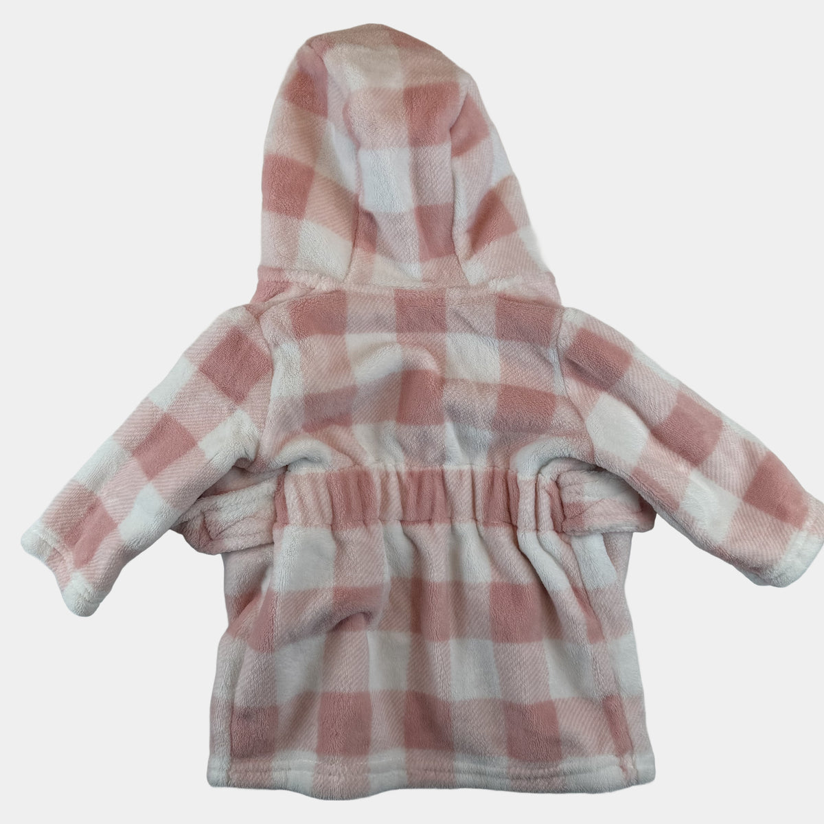 Rosa-weißer Baby-Fleece-Bademantel mit Kapuze und Bindegürtel im Karomuster – back