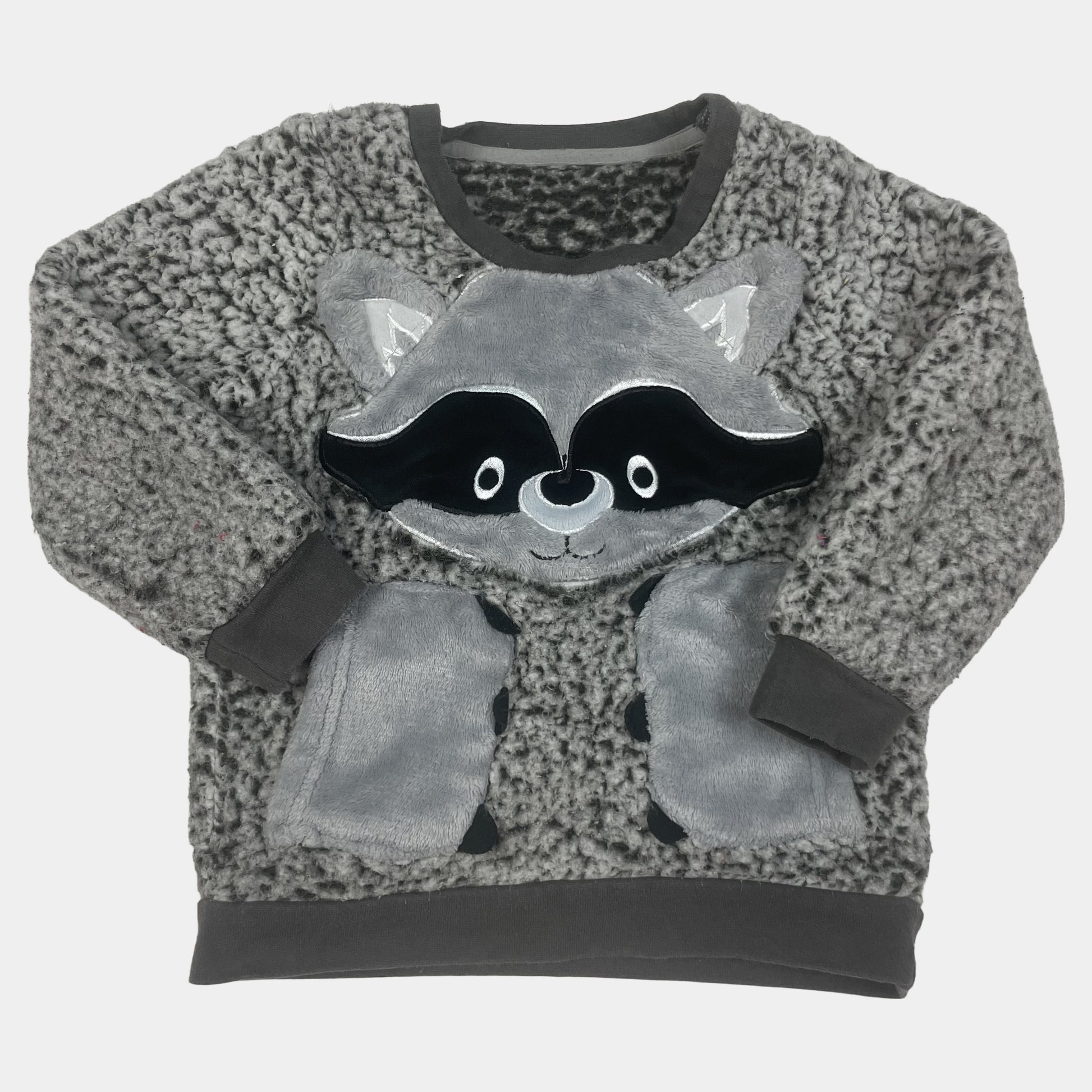 Grauer Polyester-Pullover mit Waschbärdesign für Kinder – front