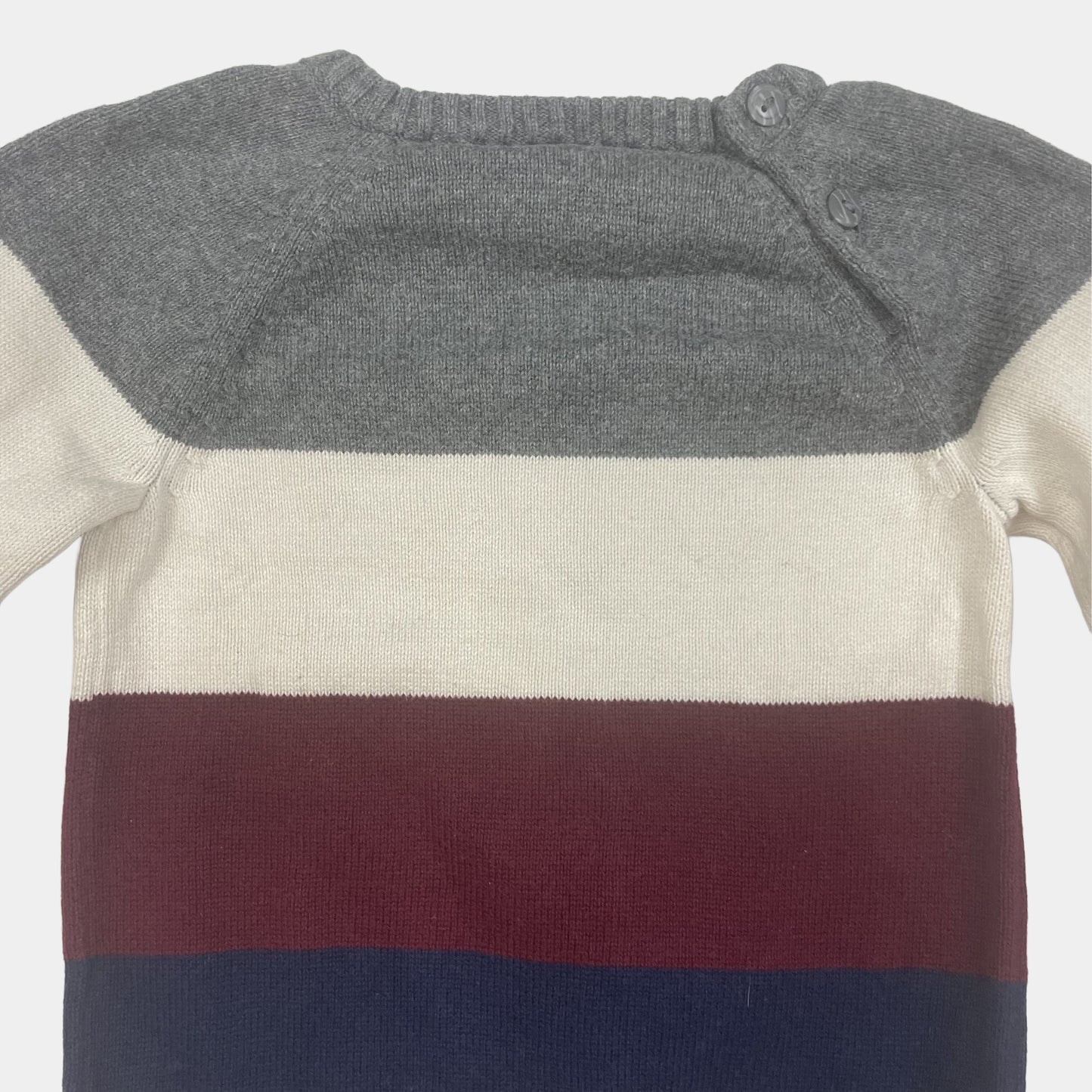 Grauer, roter und blauer Baumwollpullover mit Colorblock-Design – back