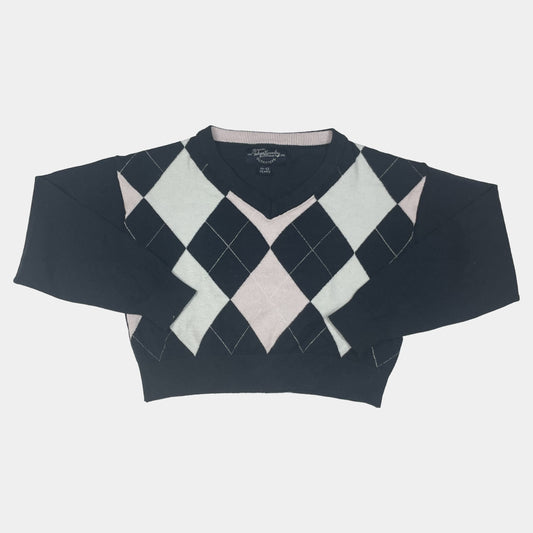 Schwarzer Pullover mit Argyle-Muster in Weiß und Rosa, Größe 11-12 Jahre. – front