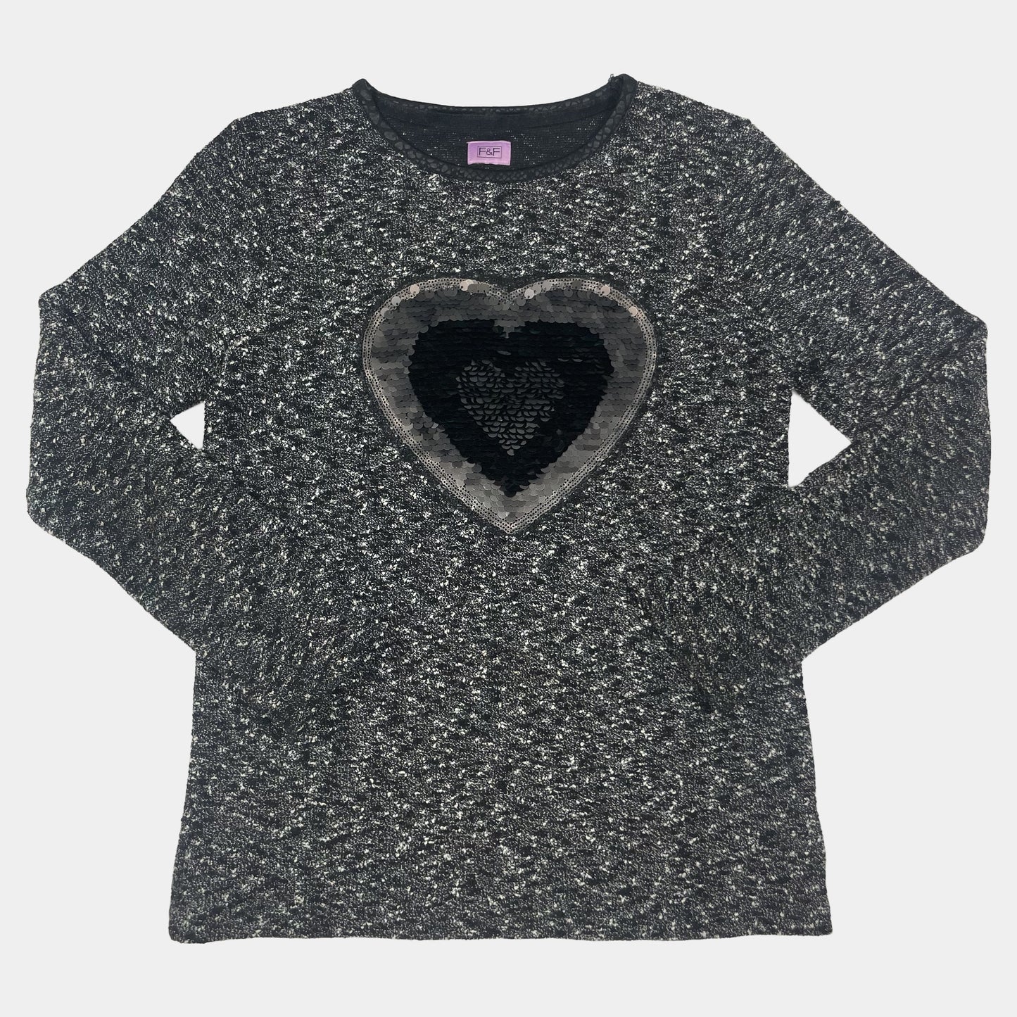 Grauer Strickpullover mit Herzmotiv aus Pailletten, lange Ärmel – front