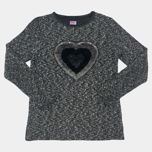 Grauer Strickpullover mit Herzmotiv aus Pailletten, lange Ärmel – front