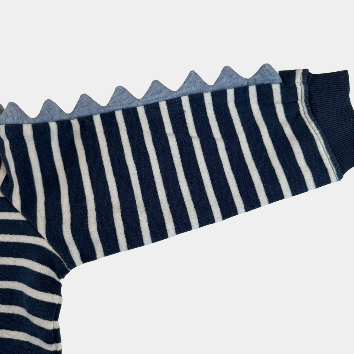 Blau-weiß gestreifte Kapuzenjacke mit Reißverschluss und Dino-Zacken – sleeve
