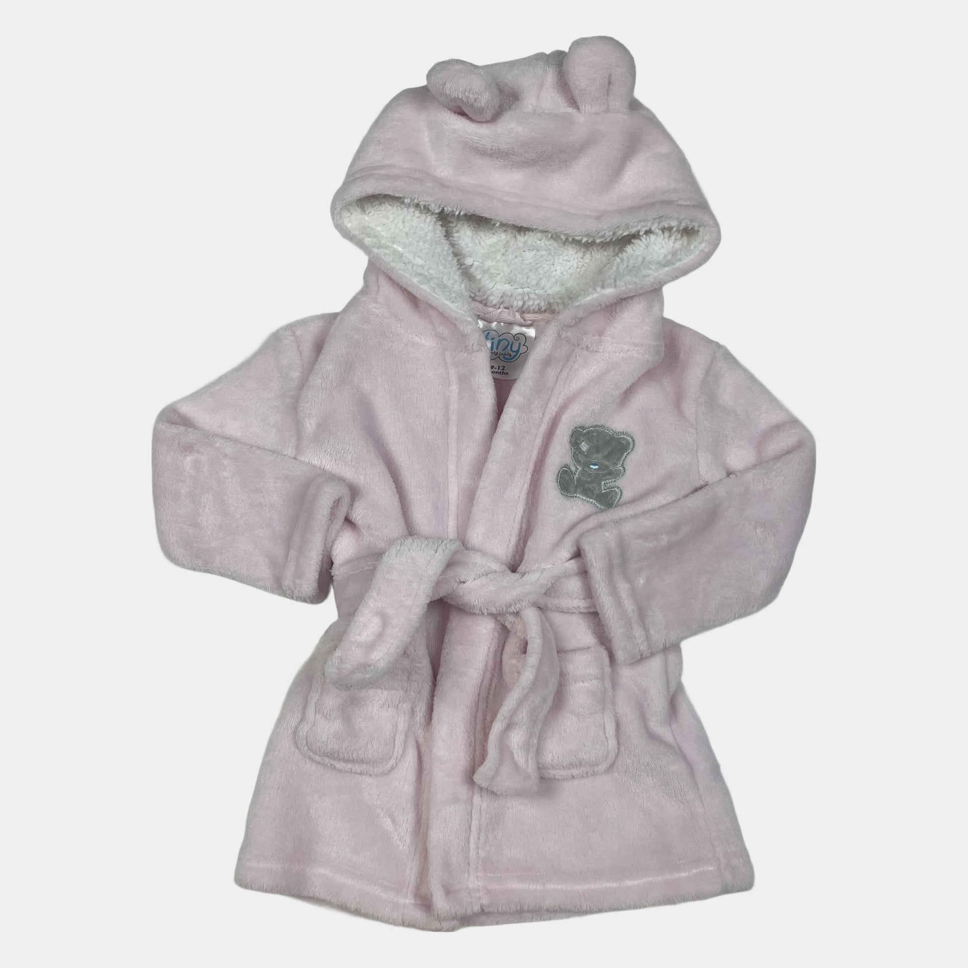 Rosa Fleece-Bademantel mit Ohrenkapuze für Babys, Größe 9–12 Monate – front