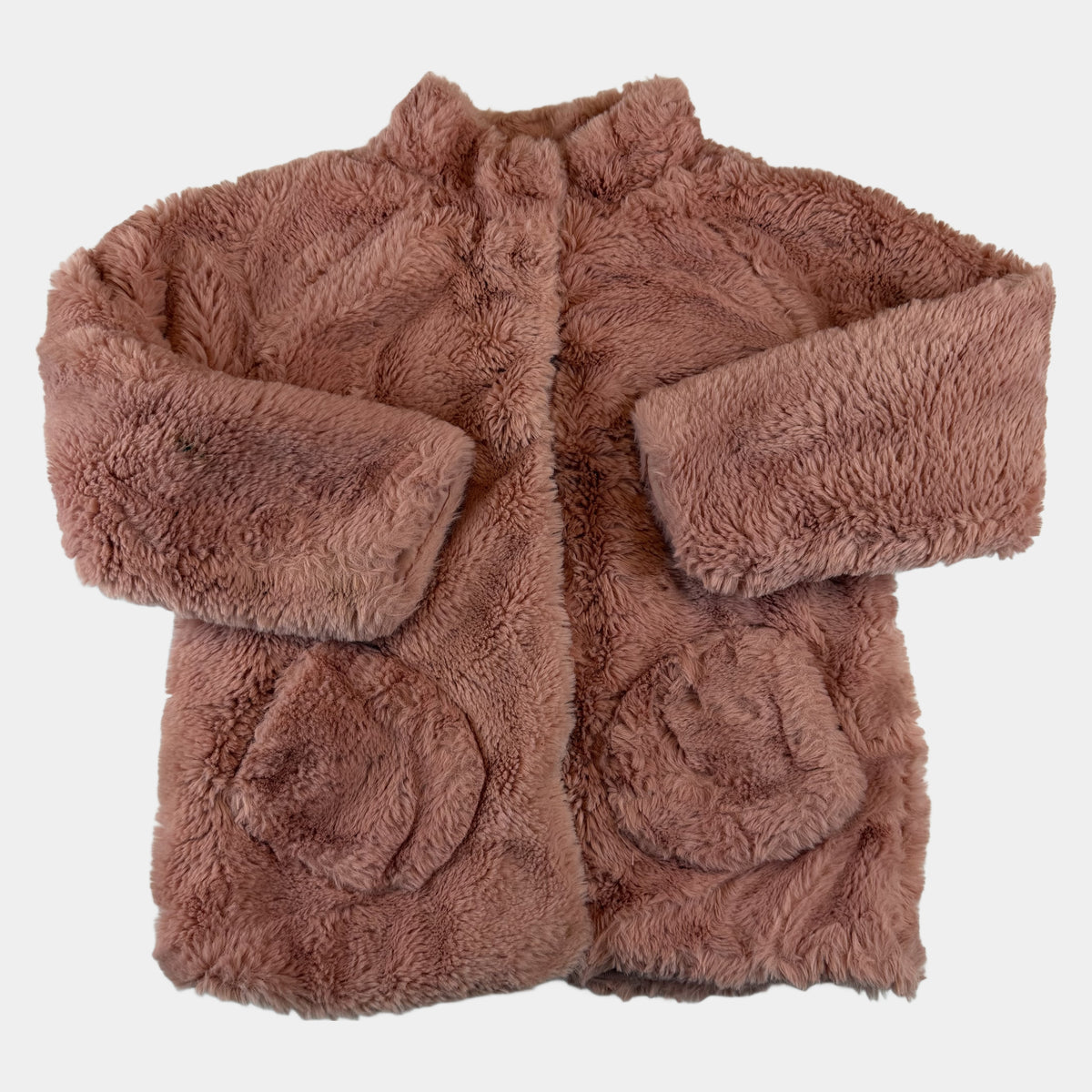 Rosa Teddy-Fleece-Jacke für Kinder mit Stehkragen und Taschen – front