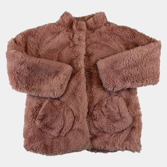 Rosa Teddy-Fleece-Jacke für Kinder mit Stehkragen und Taschen – front