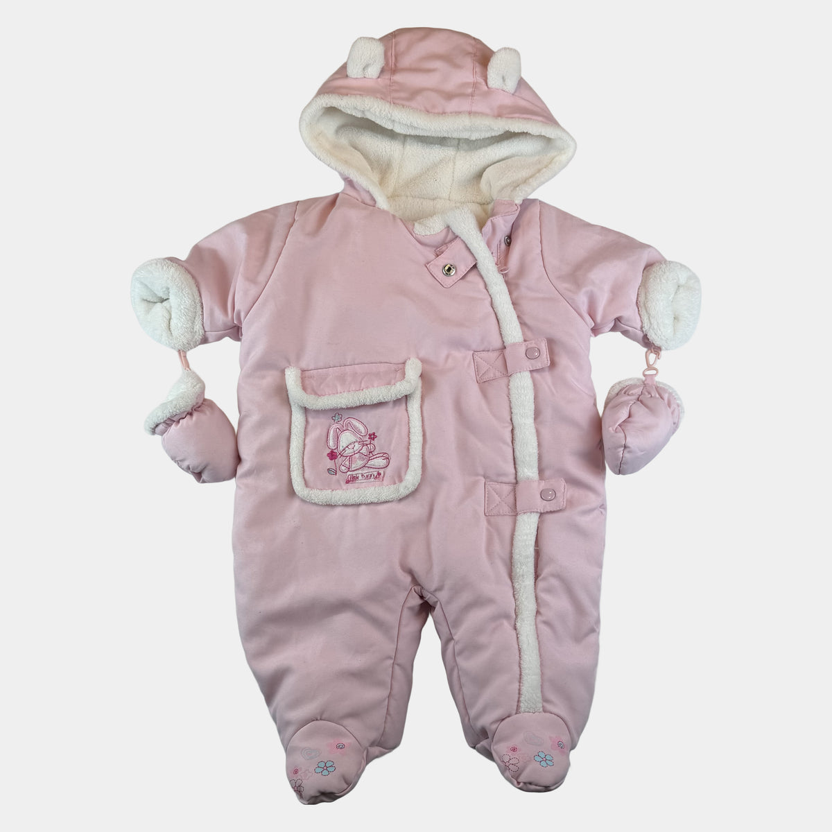 Rosa Baby-Schneeoverall mit Kapuze, Teddyfutter, Füßlingen und Fäustlingen – front