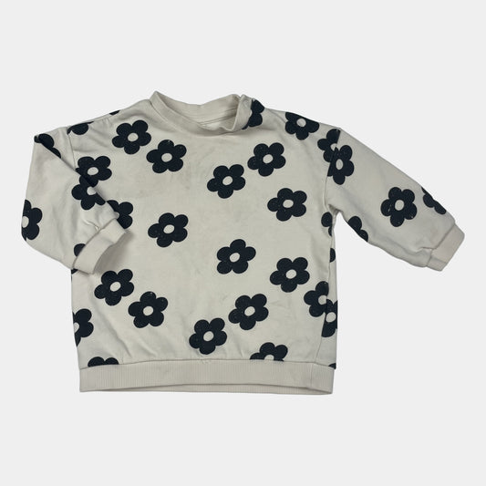 Weißer Baumwoll-Pullover mit schwarzem Blumenmuster – front