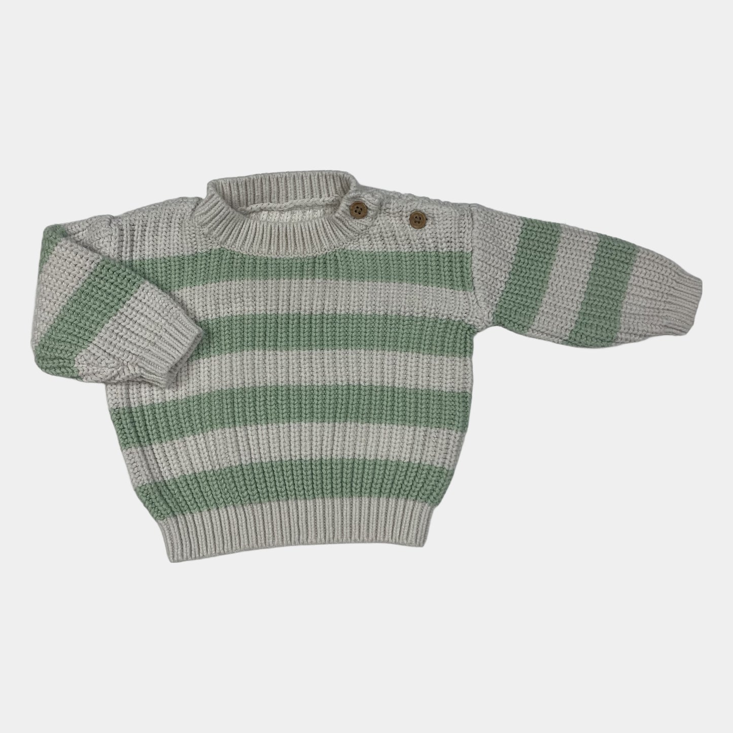 Grüner und weißer Strickpullover mit Streifen und Holzknöpfen für Babys.