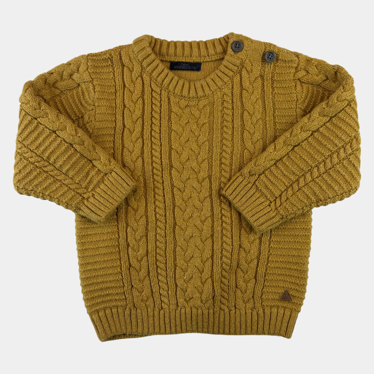 Senfgelber Next Strickpullover mit Zopfmuster und Schulterknöpfen – front
