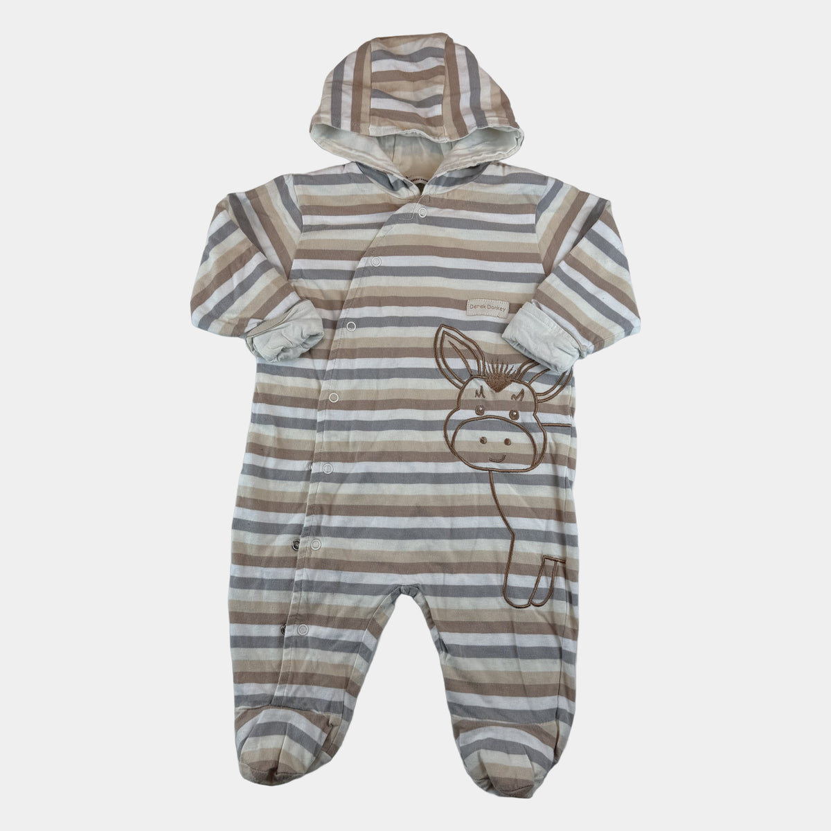 Gestreifter Baby-Overall mit Kapuze und Esel-Applikation in Beige und Grau – front
