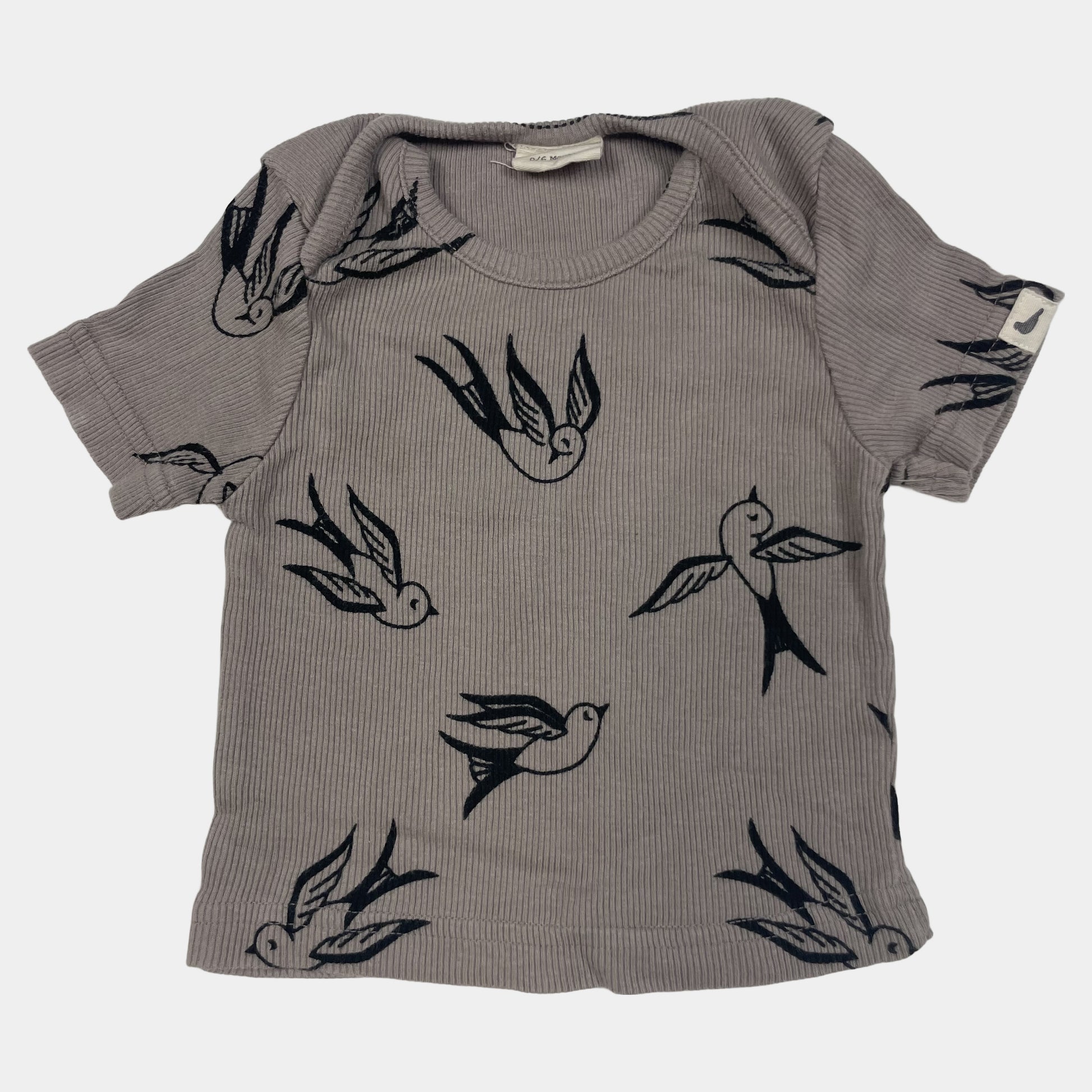 Graues Baumwoll-Shirt mit Vogelmuster von Turtledove London, Größe 0–6 Monate