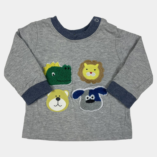 Graues Sweatshirt mit bunten Tiermotiven, lange Ärmel, Knopfleiste an der Schulter – front