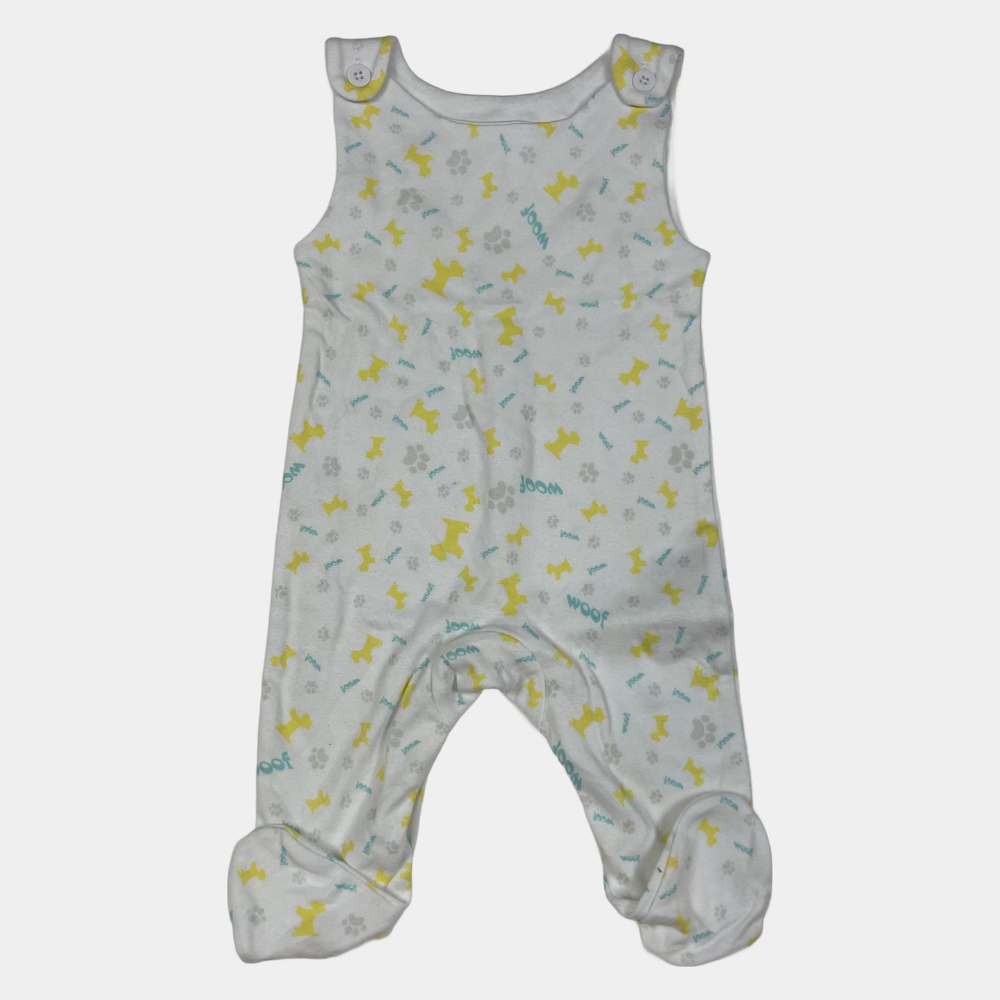 Weißer Baumwoll-Overall mit Hundemuster in Gelb und Blau, Knöpfe an den Schultern – front