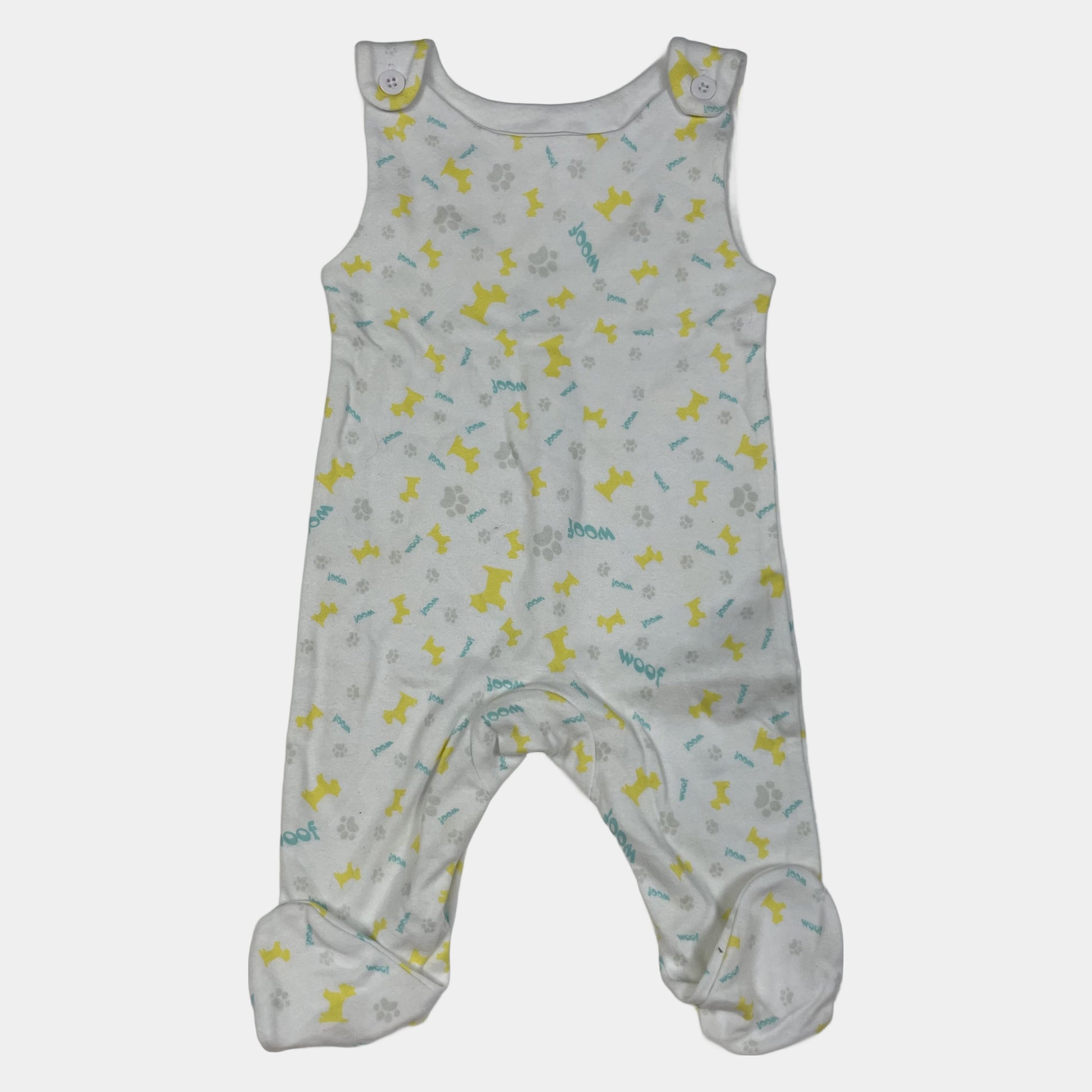 Weißer Baumwoll-Overall mit Hundemuster in Gelb und Blau, Knöpfe an den Schultern – front