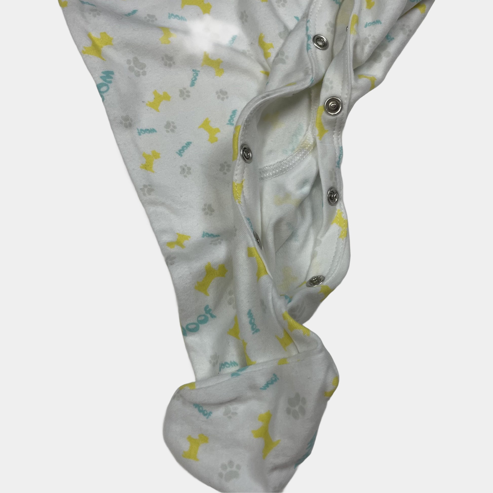 Weißer Baumwoll-Overall mit Hundemuster in Gelb und Blau, Knöpfe an den Schultern – inside