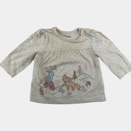 Cremefarbenes Baby-Langarmshirt mit Waldtier-Motiv und Tupfen, Druckknöpfe an der Schulter – front