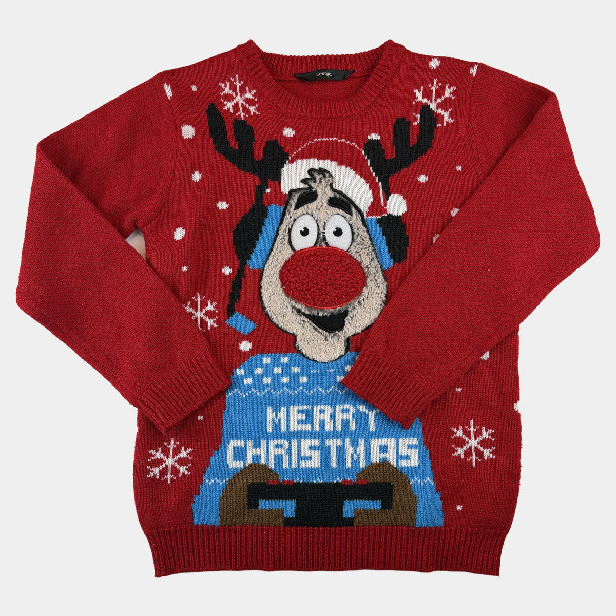 Roter Kinder-Strickpullover mit Rentier-Weihnachtsmotiv und Merry-Christmas-Schriftzug – front