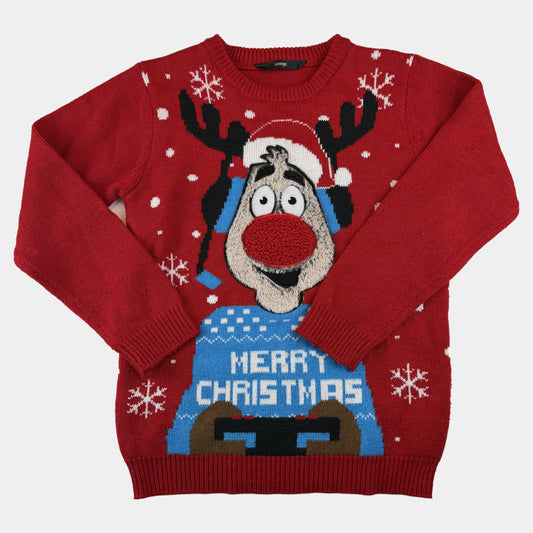 Roter Kinder-Strickpullover mit Rentier-Weihnachtsmotiv und Merry-Christmas-Schriftzug – front