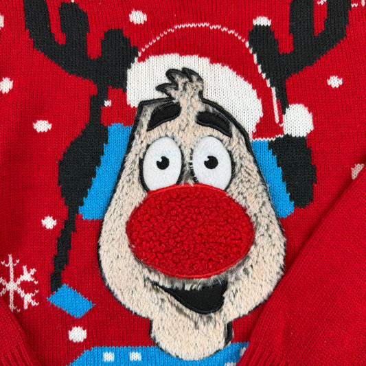 Roter Kinder-Strickpullover mit Rentier-Weihnachtsmotiv und Merry-Christmas-Schriftzug – detail