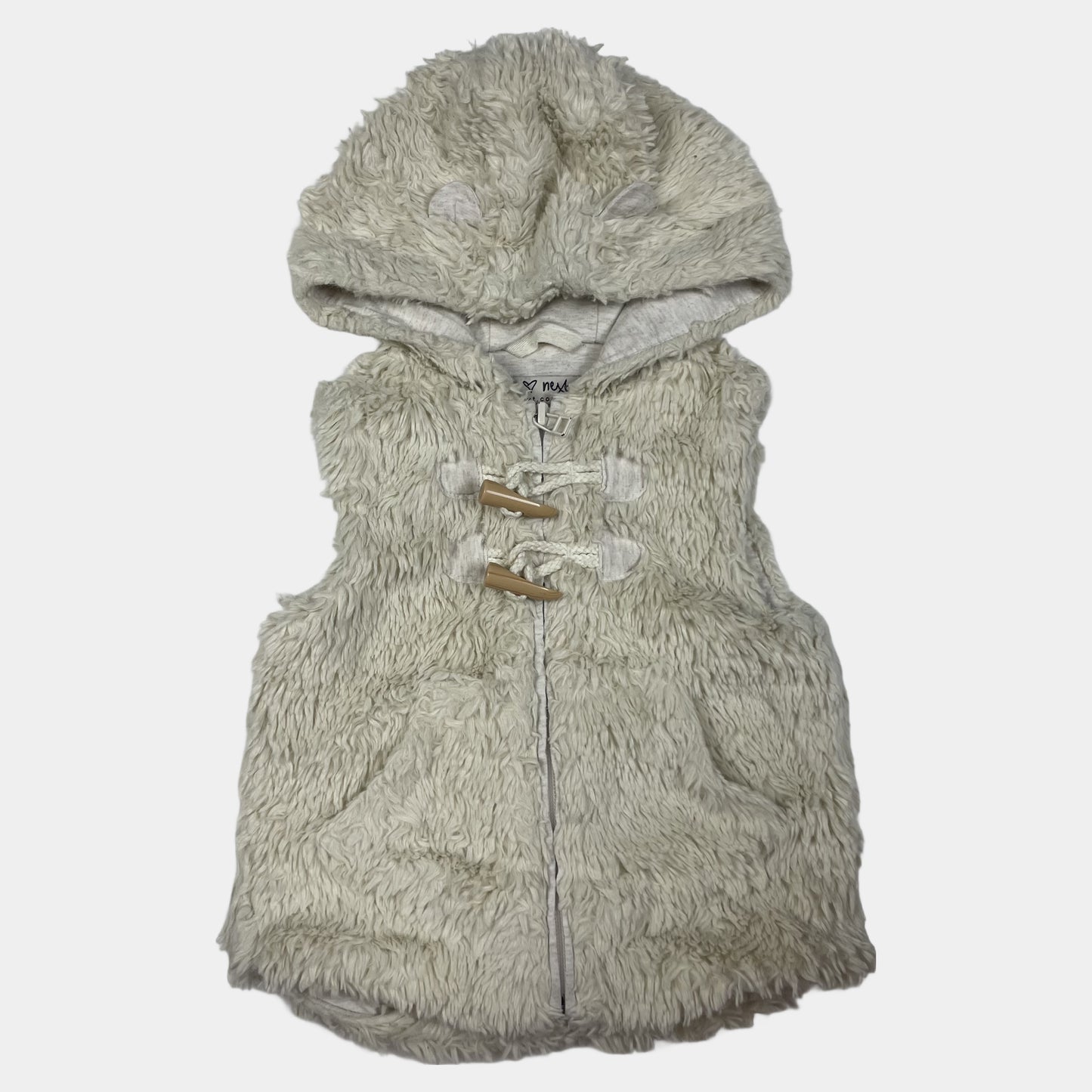 Beige Kunstfellweste mit Kapuze und Knebelknöpfen für Babys – front