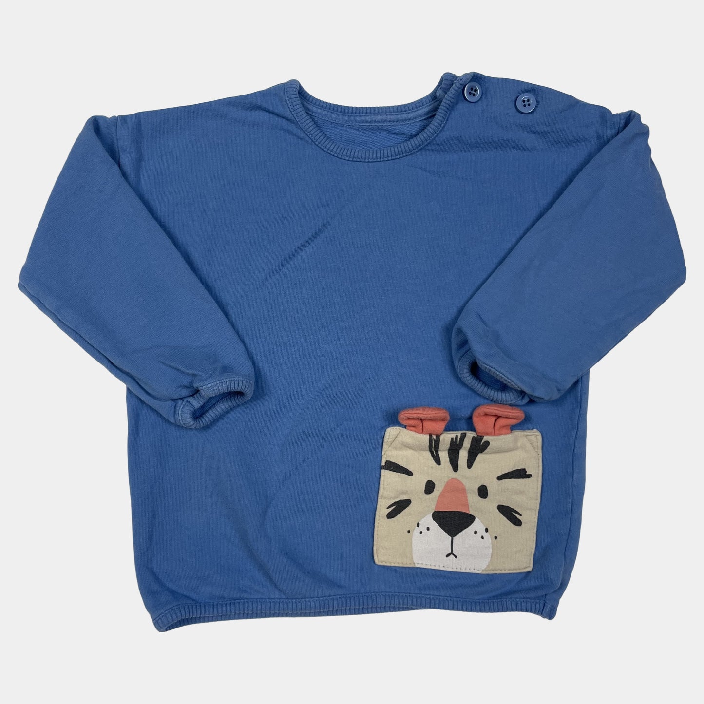 Blauer Pullover mit Tiger-Tasche und Knöpfen seitlich. – front