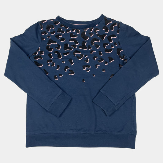 Dunkelblauer Baumwollpullover mit Tierprint in Schwarz und Rosa, Größe 10-11 Jahre. – front