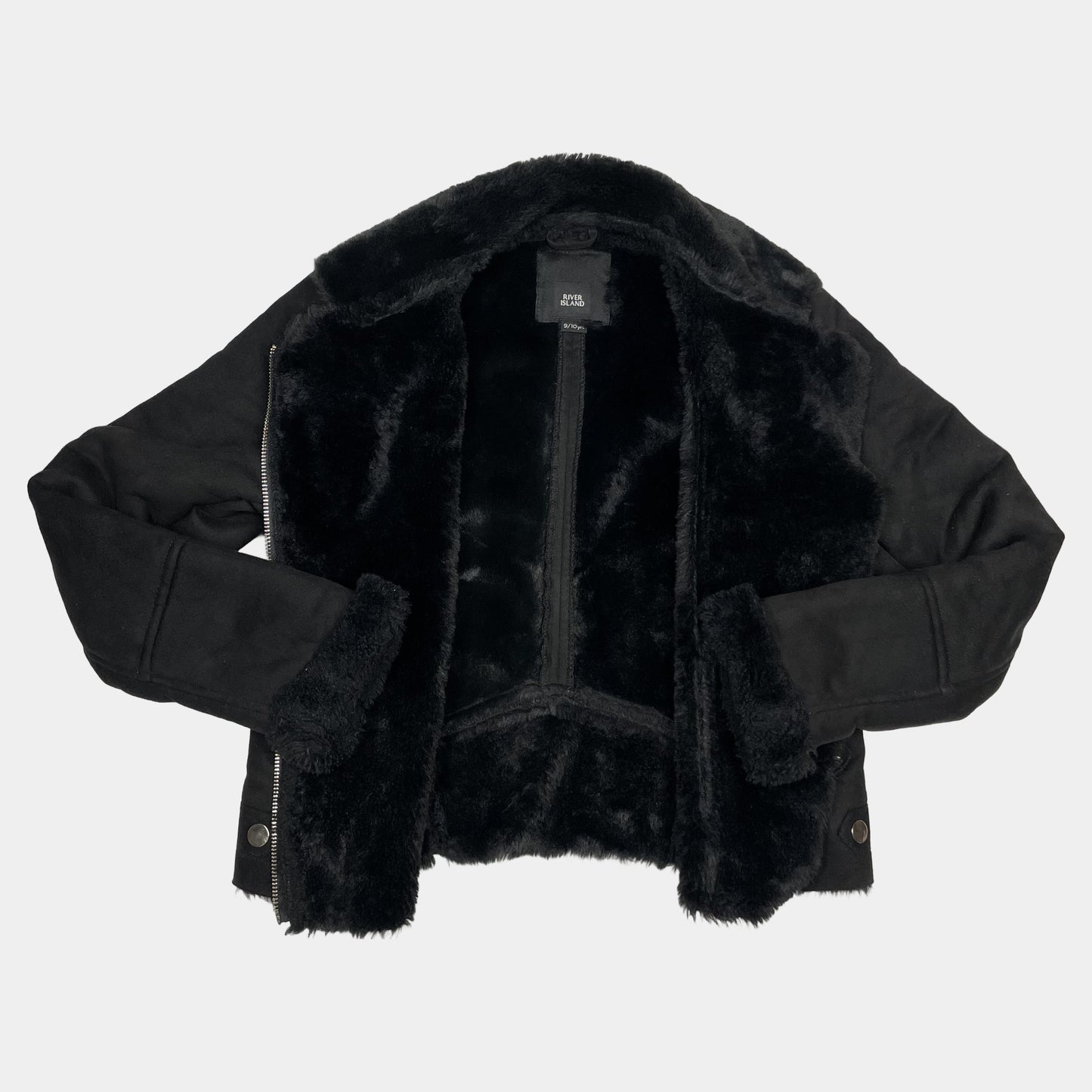Schwarze Kunstfelljacke mit Reißverschluss von River Island, Größe 9/10 Jahre – inside